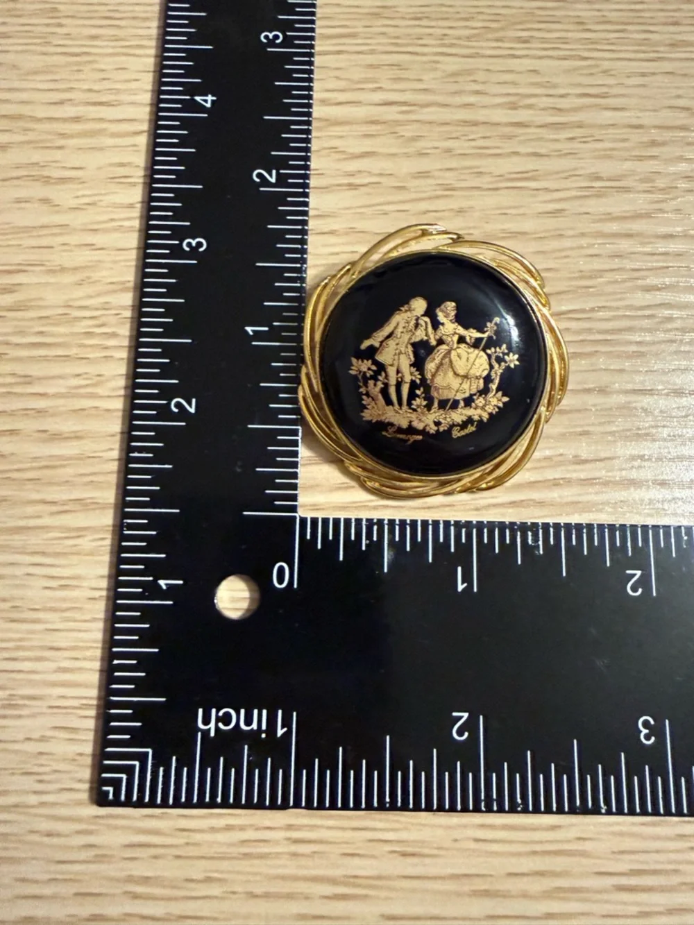 Limoges Castel France Porcelain Brooch Gold Fragonard Courting Couple Black 1.5